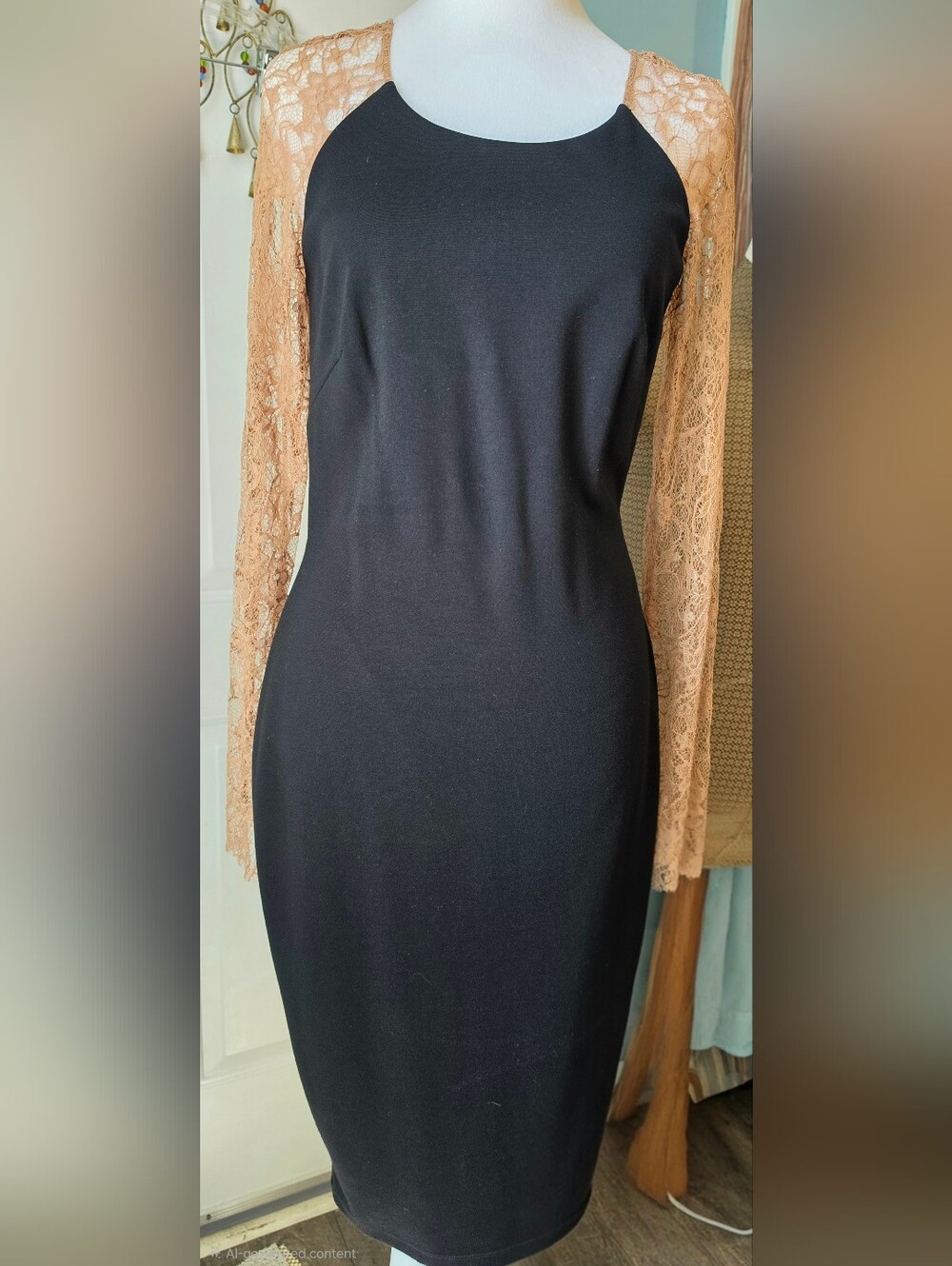 Bailey 44 Midi Bodycon Sheath Dress Womens M Black Tan Lace Back & Sleeves Stret - Picture 2 of 12